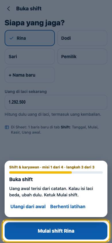 Langkah 3: Uang awal terisi dari catatan. Kalau isi laci beda, ubah dulu. Ketuk Mulai shift.