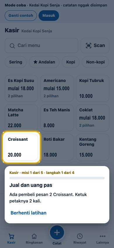 Langkah 1: Ada pembeli pesan 2 Croissant. Ketuk petaknya 2 kali.
