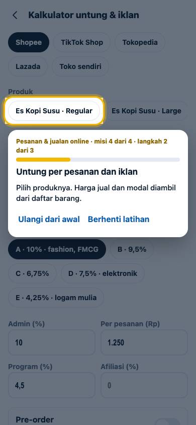 Langkah 2: Pilih produknya. Harga jual dan modal diambil dari daftar barang.