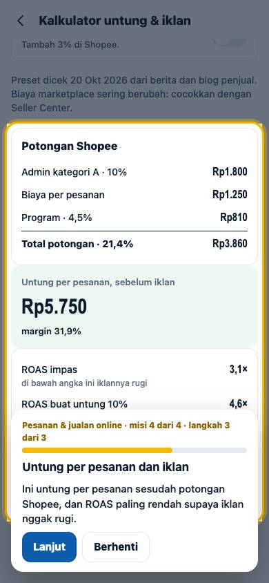 Langkah 3: Ini untung per pesanan sesudah potongan Shopee, dan ROAS paling rendah supaya iklan nggak rugi.