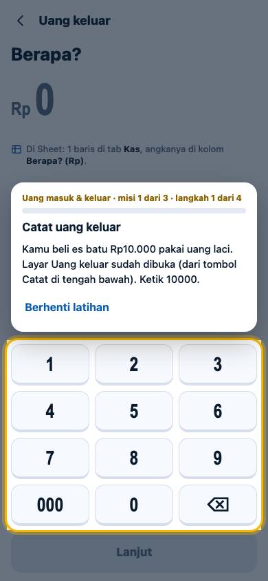 Langkah 1: Kamu beli es batu Rp10.000 pakai uang laci. Layar Uang keluar sudah dibuka (dari tombol Catat di tengah bawah). Ketik 10000.
