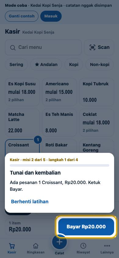 Langkah 1: Ada pesanan 1 Croissant, Rp20.000. Ketuk Bayar.