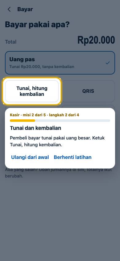 Langkah 2: Pembeli bayar tunai pakai uang besar. Ketuk Tunai, hitung kembalian.