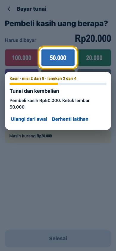 Langkah 3: Pembeli kasih Rp50.000. Ketuk lembar 50.000.