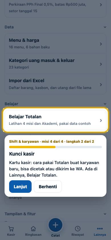 Langkah 2: Kartu kasir: cara pakai Totalan buat karyawan baru, bisa dicetak atau dikirim ke WA. Ada di Lainnya, Belajar Totalan.