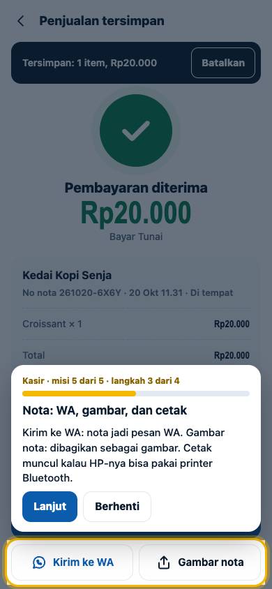 Langkah 3: Kirim ke WA: nota jadi pesan WA. Gambar nota: dibagikan sebagai gambar. Cetak muncul kalau HP-nya bisa pakai printer Bluetooth.