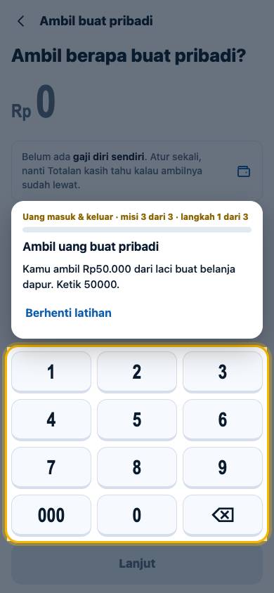 Langkah 1: Kamu ambil Rp50.000 dari laci buat belanja dapur. Ketik 50000.