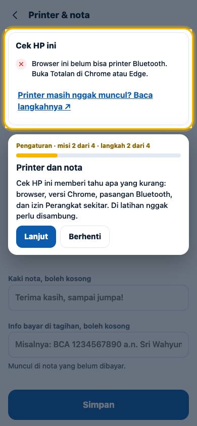 Langkah 2: Cek HP ini memberi tahu apa yang kurang: browser, versi Chrome, pasangan Bluetooth, dan izin Perangkat sekitar. Di latihan nggak perlu disambung.