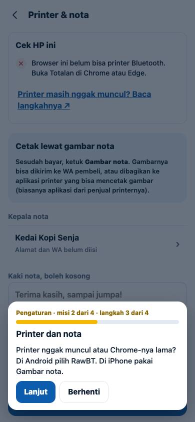 Langkah 3: Printer nggak muncul atau Chrome-nya lama? Di Android pilih RawBT. Di iPhone pakai Gambar nota.