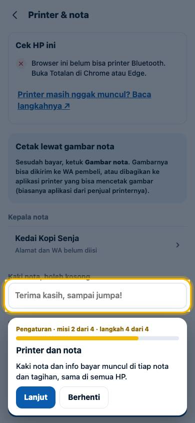 Langkah 4: Kaki nota dan info bayar muncul di tiap nota dan tagihan, sama di semua HP.