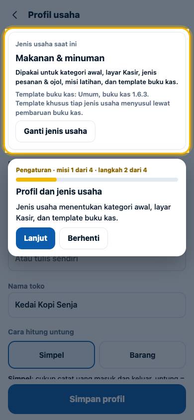 Langkah 2: Jenis usaha menentukan kategori awal, layar Kasir, dan template buku kas.