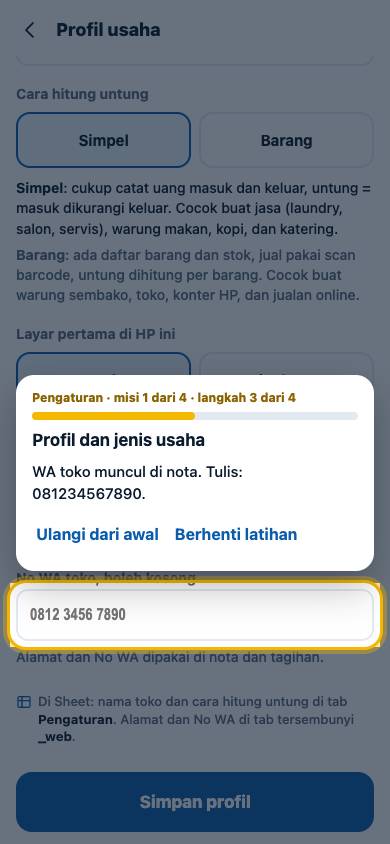 Langkah 3: WA toko muncul di nota. Tulis: 081234567890.