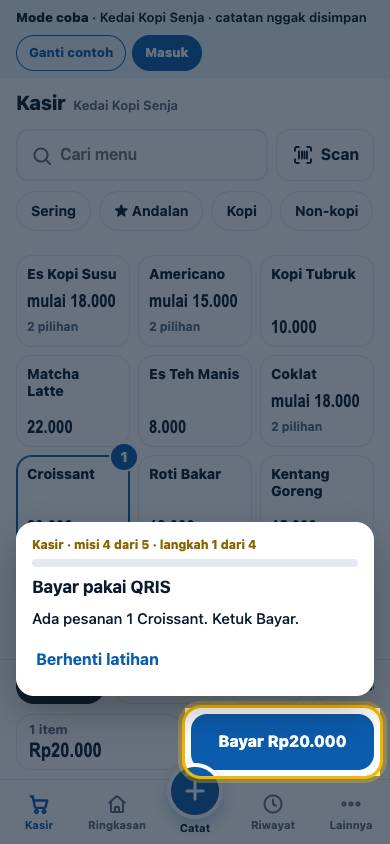 Langkah 1: Ada pesanan 1 Croissant. Ketuk Bayar.