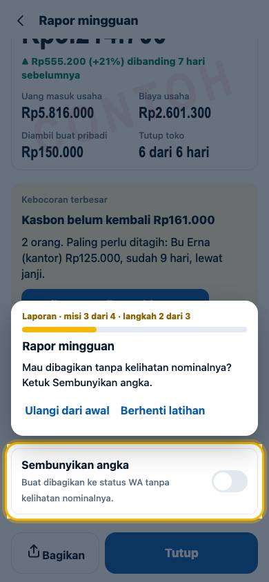 Langkah 2: Mau dibagikan tanpa kelihatan nominalnya? Ketuk Sembunyikan angka.