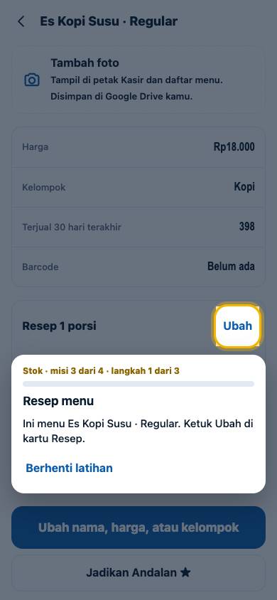 Langkah 1: Ini menu Es Kopi Susu · Regular. Ketuk Ubah di kartu Resep.