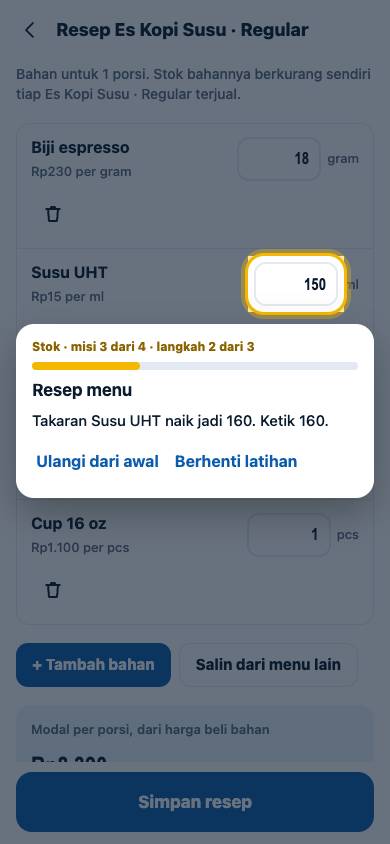 Langkah 2: Takaran Susu UHT naik jadi 160. Ketik 160.