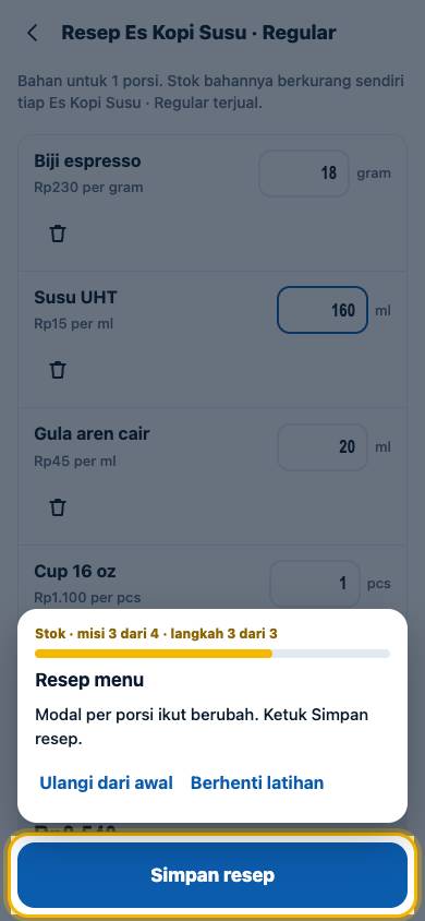 Langkah 3: Modal per porsi ikut berubah. Ketuk Simpan resep.