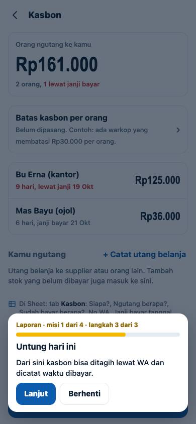 Langkah 3: Dari sini kasbon bisa ditagih lewat WA dan dicatat waktu dibayar.