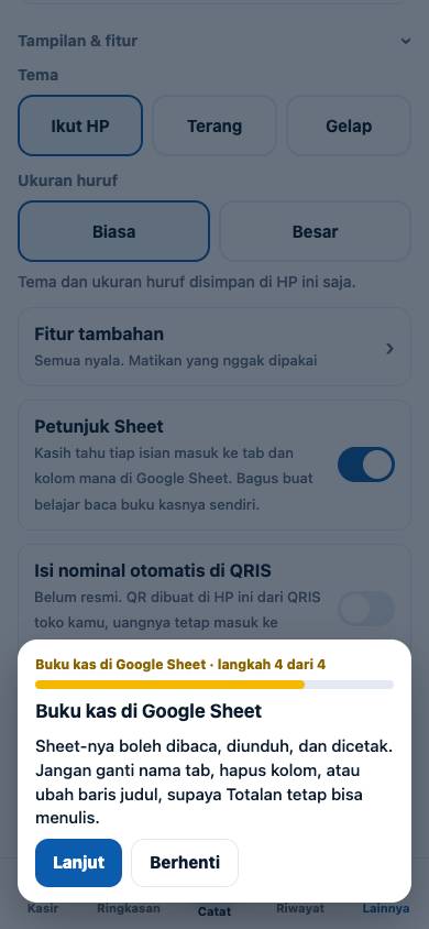 Langkah 4: Sheet-nya boleh dibaca, diunduh, dan dicetak. Jangan ganti nama tab, hapus kolom, atau ubah baris judul, supaya Totalan tetap bisa menulis.