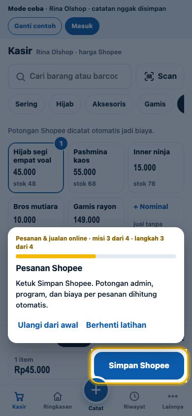 Langkah 3: Ketuk Simpan Shopee. Potongan admin, program, dan biaya per pesanan dihitung otomatis.