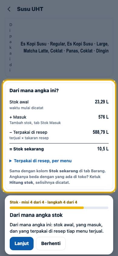 Langkah 4: Dari mana angka ini: stok awal, yang masuk, dan yang terpakai di resep tiap menu terjual.