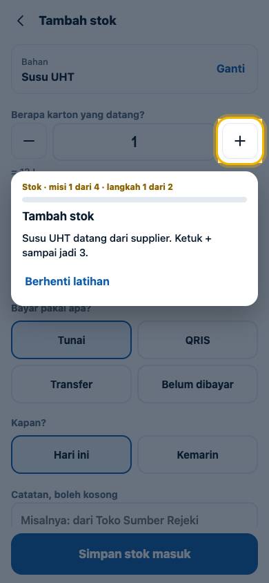 Langkah 1: Susu UHT datang dari supplier. Ketuk + sampai jadi 3.