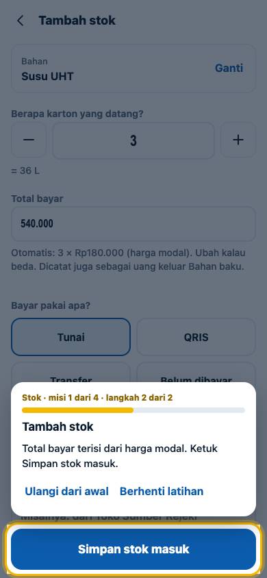 Langkah 2: Total bayar terisi dari harga modal. Ketuk Simpan stok masuk.