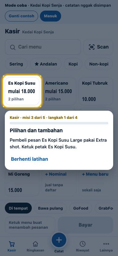 Langkah 1: Pembeli pesan Es Kopi Susu Large pakai Extra shot. Ketuk petak Es Kopi Susu.