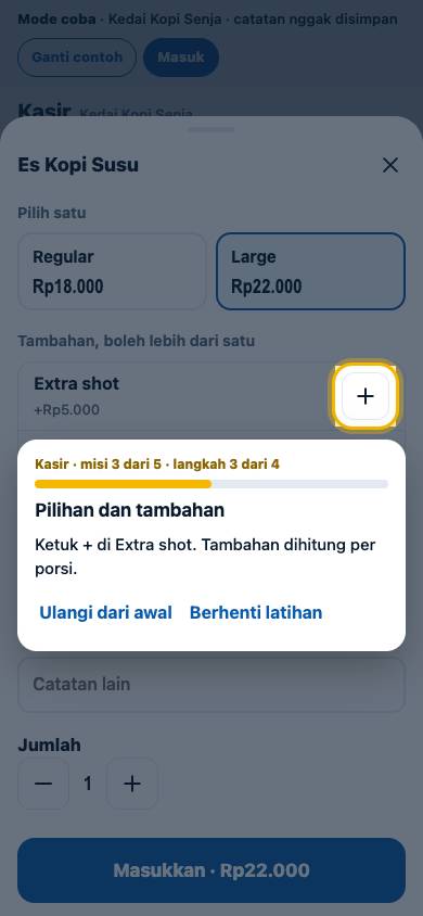 Langkah 3: Ketuk + di Extra shot. Tambahan dihitung per porsi.